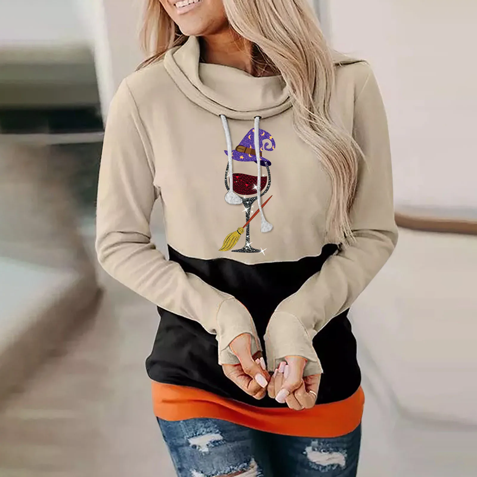 

Women Halloween Printing Sweatshirt Casual Long Sleeve Hooded Loose Womens Sweatshirt Drawstring Hoodies Women
