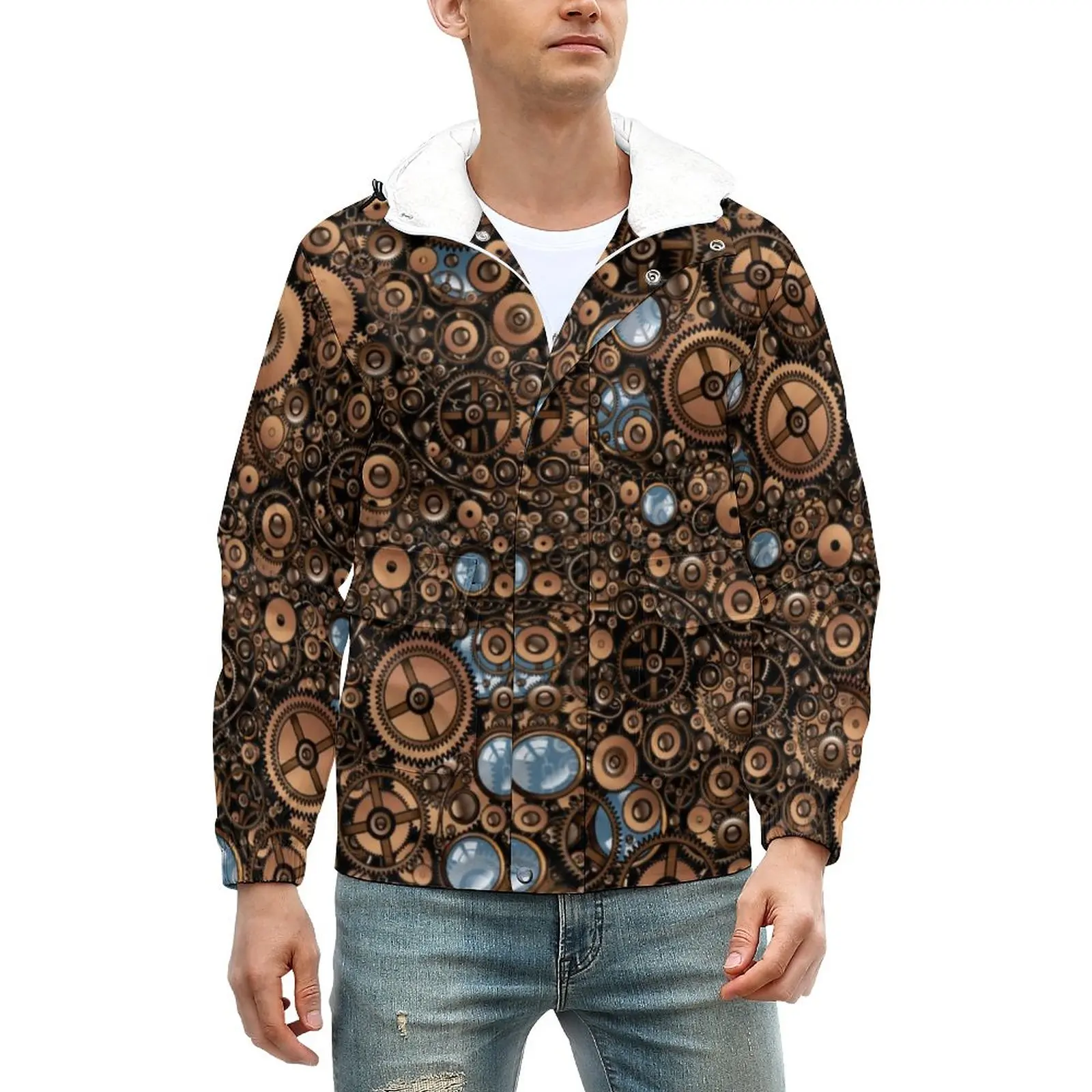 

Steampunk Print Jackets Man Gear Style Warm Winter Coats Aesthetic Hooded Casual Windbreakers Design Outdoor Jacket Big Size 6XL