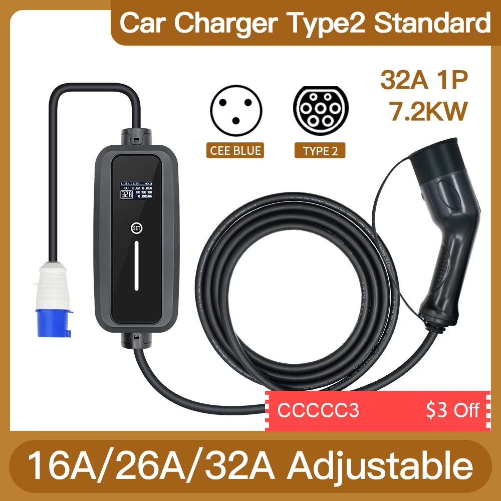 

Портативное зарядное устройство для электромобилей Noble EV Тип 2 GB/T 32A1P 62196 кВт с синей вилкой CEE блок управления 5 м Быстрая зарядка для транспортных средств GBT IEC