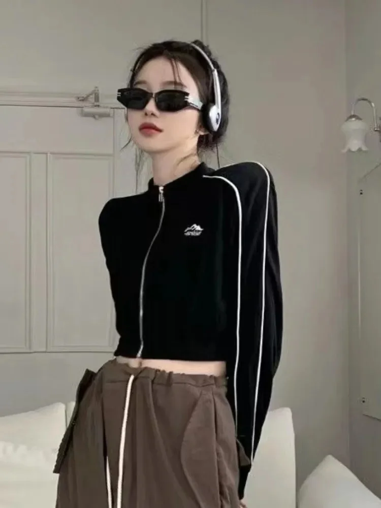 

Корейские модные черные укороченные толстовки на молнии Deeptown, женские готические толстовки с графическим принтом, спортивные топы с длинным рукавом, куртка