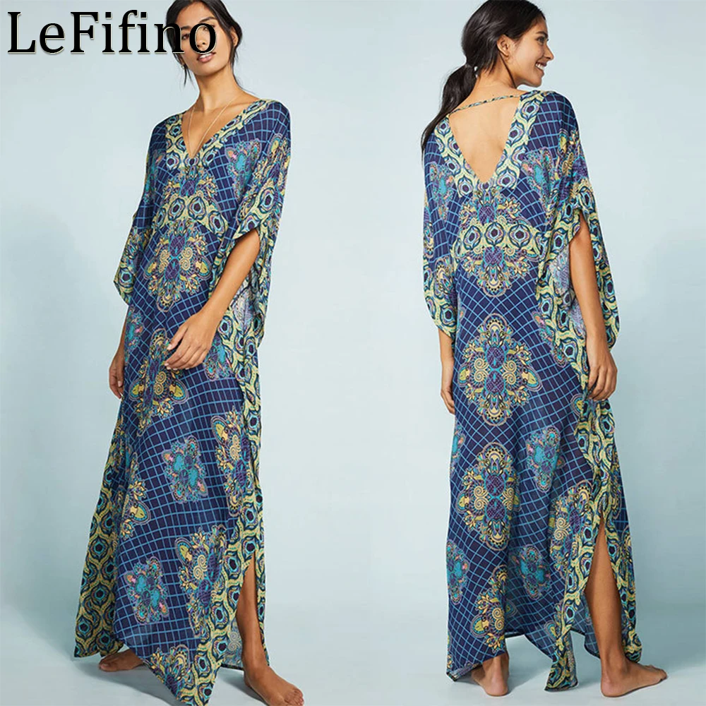 

Summer Artificial Cotton Printing Plaid Pattern Street Casual Style Beach Holiday Long Dress Sunscreen Outerwear Bikini Cover Up