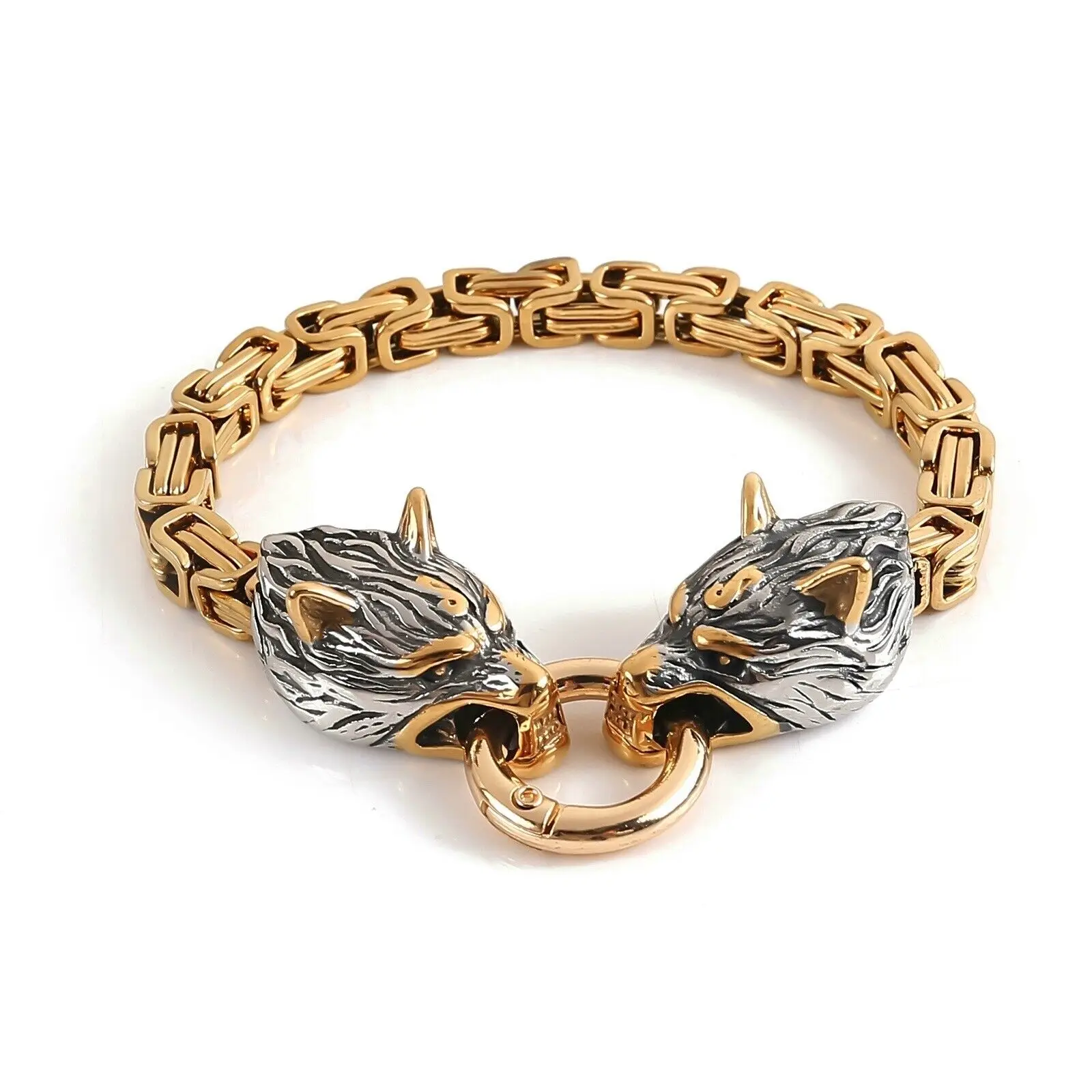 

Stainless Steel King Chain Norse Viking Fenrir Wolf Head Byzantine Link Bracelet