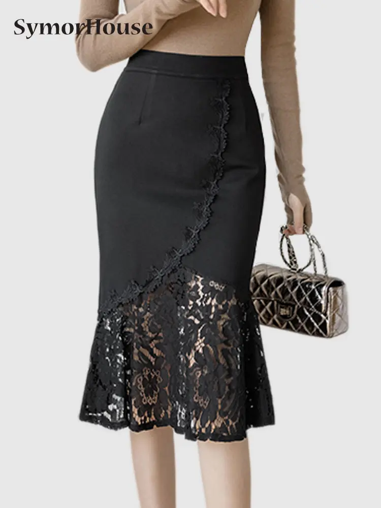 

Юбка Женская Офисная кружевная с высокой талией, модная облегающая юбка-годе в Корейском стиле, Элегантная черная и красная, в стиле пэчворк, лето-осень