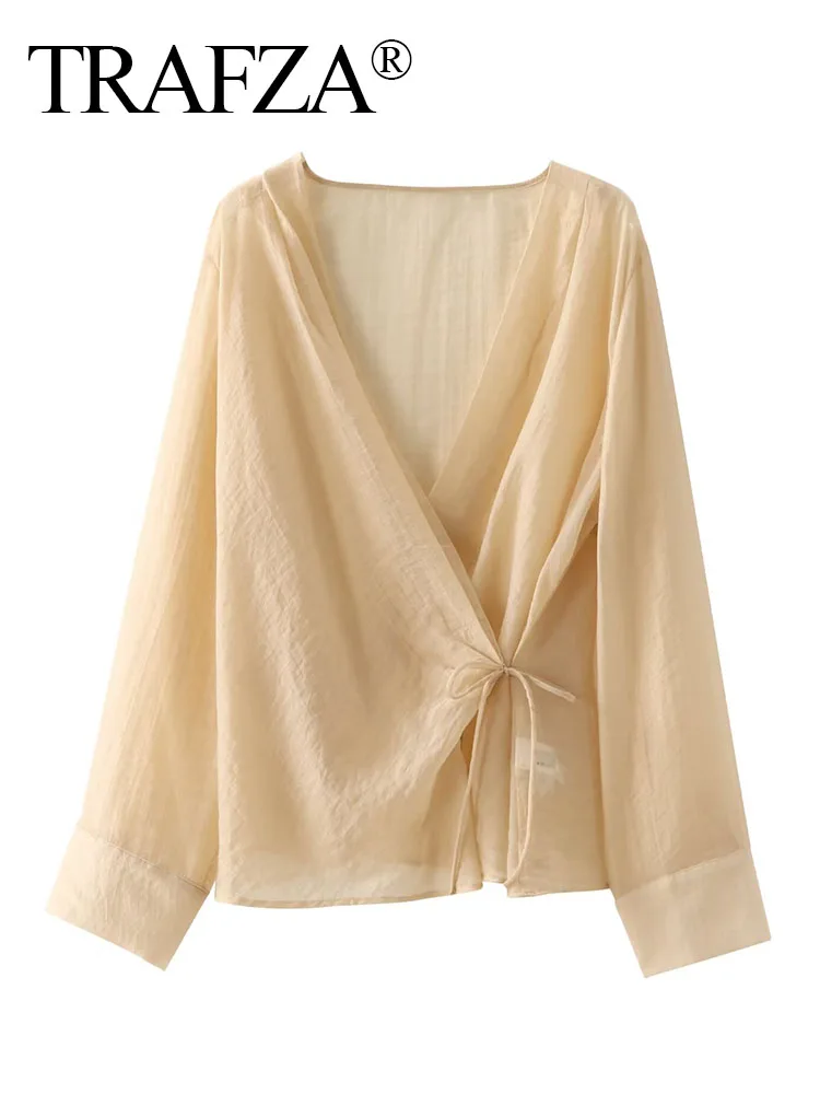 Летняя женская блузка с V-образным вырезом и длинным рукавом