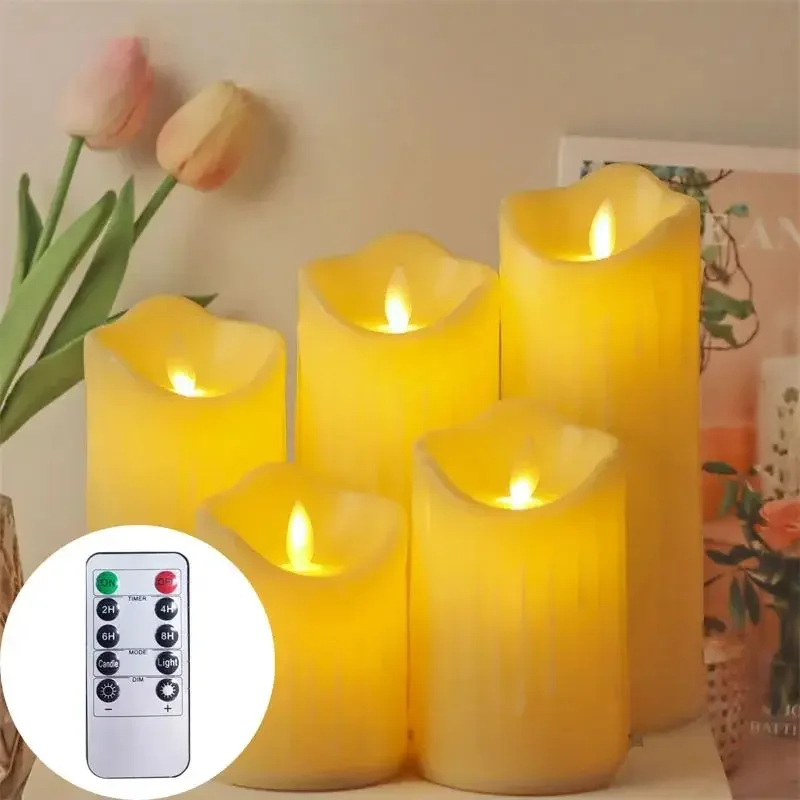 

Flickering Pillar Led Candle Light Remote Control W/Timer Dripped Paraffin Wax Swinging Dancing Wick Flameless Remote Candles