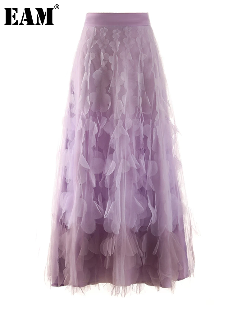 

[EAM] фиолетовая Асимметричная сетчатая длинная Праздничная юбка с высокой эластичной резинкой на талии, женская модная новинка весна-осень 2023, 1DF7889