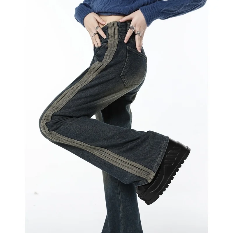 

2023Casual slim-fit pants, Vintage Blue Jeans Women Stripe American Fashion Streetwear Bottoms Wide Leg Jean Female Baggy Trous