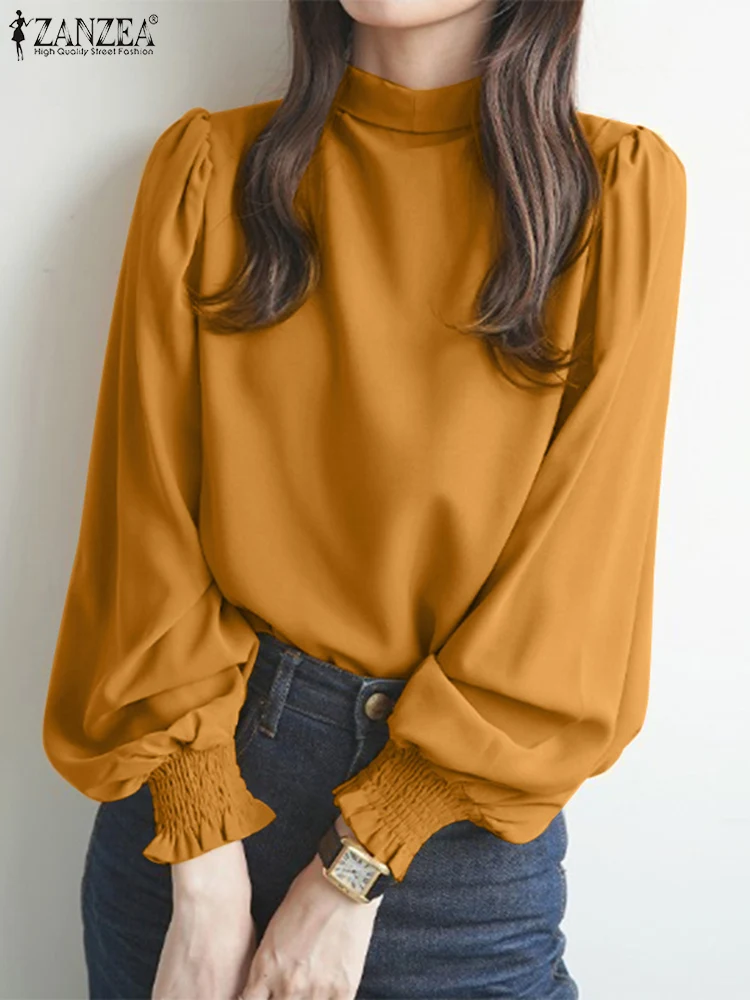 

2022 Elegant Solid Shirt ZANZEA Women Spring V Neck Long Lantern Sleeve Blouse Casual Loose Blusas Chemise Tunic Oversize Tops