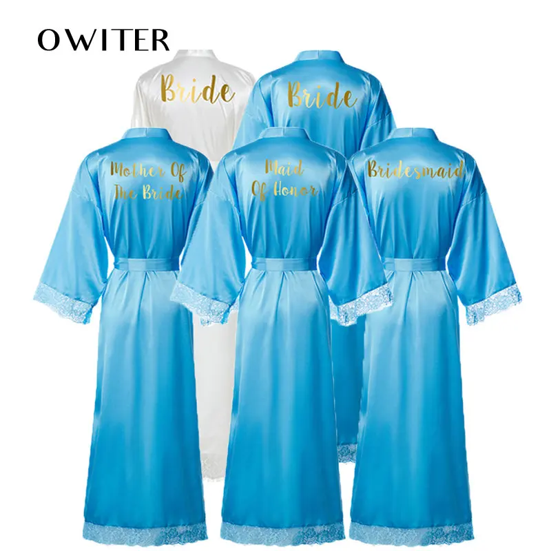 

OWITER Satin Silk Lace Robe Bride Robe Bridesmaid Robes Wedding Bridal Long Robe Bathrobe Women Dressing Sleepwear Teal Blue