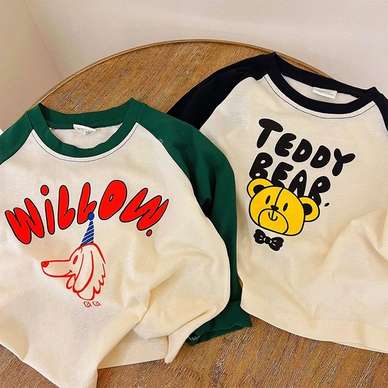 

Boys Girls Color Matching T-shirts Cartoon Cute Thin Casual O-neck Pullovers Tops Infant All-match Simple Soft Bear Printed Tees