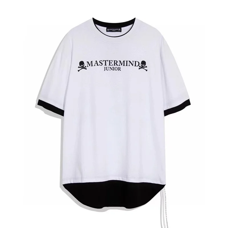 

MASTERMIND MMJ JAPAN Summer Teen Half-Sleeve T-Shirt with Printed Skulls Faux Two-Piece Short Sleeve Tee with Skull Prints