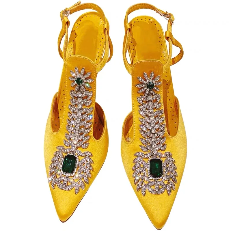 2023 Spring and Summer Rhinestone Sandals Pointed Toe Buckle Baotou Stiletto Satin Crystal High Heels Women