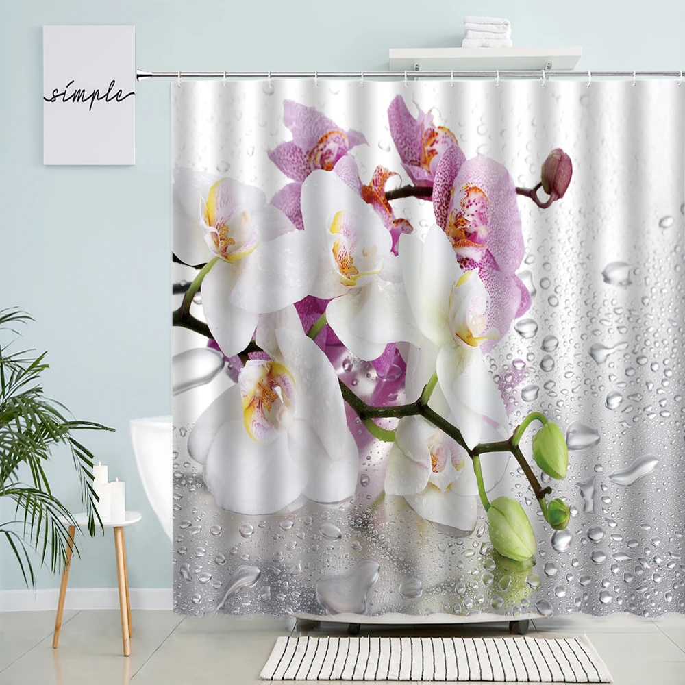 

Шторы для душа с натуральными орхидеями, занавески из полиэстера для декорирования фотографий, с цветочным рисунком, белыми и фиолетовыми цветами, с крючками