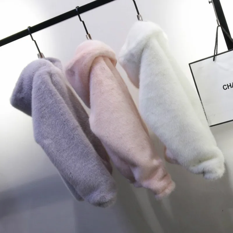 Winter Faux Mink Fur Coat Long Lantern Sleeved Women Fur Hooded Zipper Warm Fur Flocking Cardigan Tops Fluffy Jacket With Hat