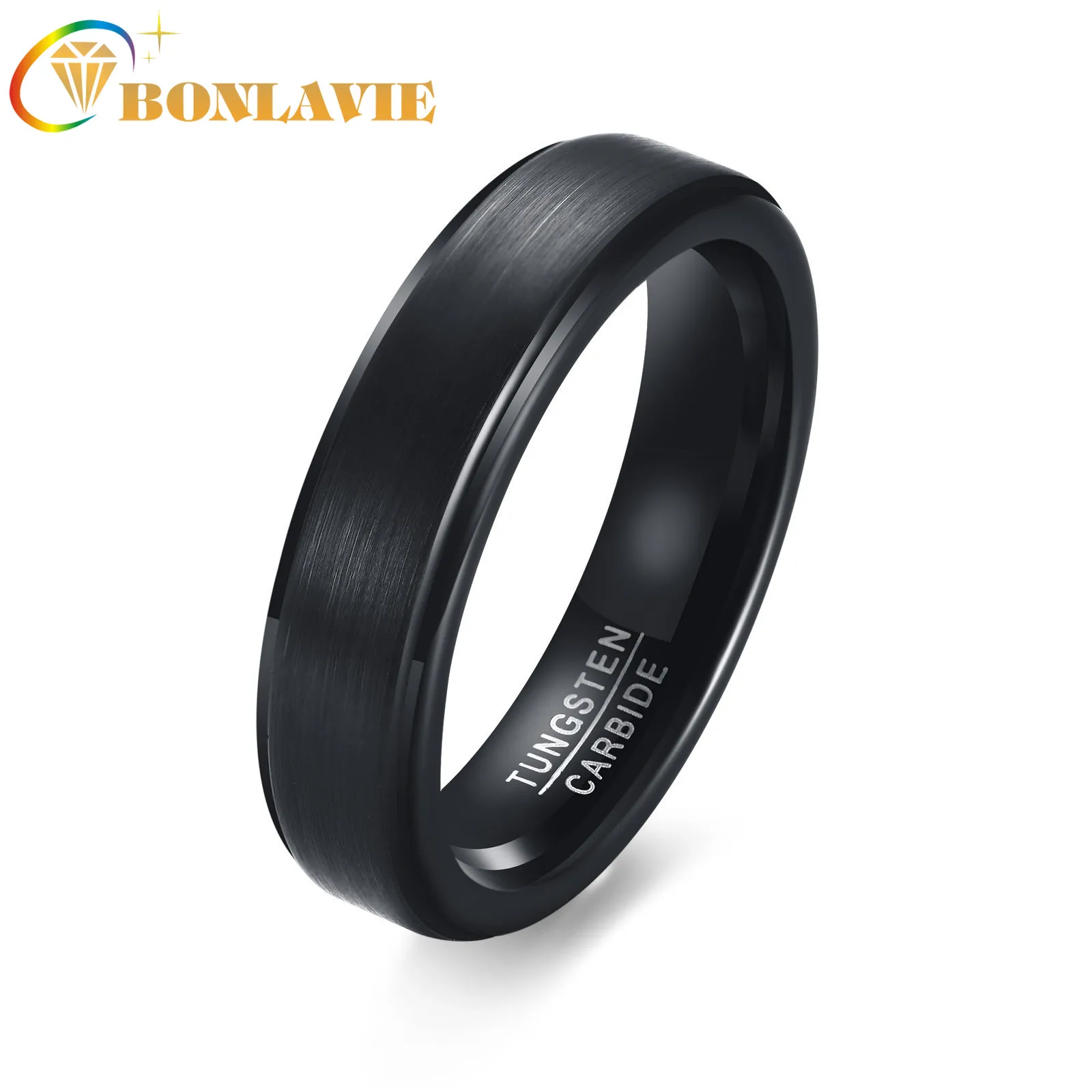 

BONLAVIE Simple 5mm Tungsten Carbide Steel Ring Matte Finished Black Gold Ring Jewelry for Men