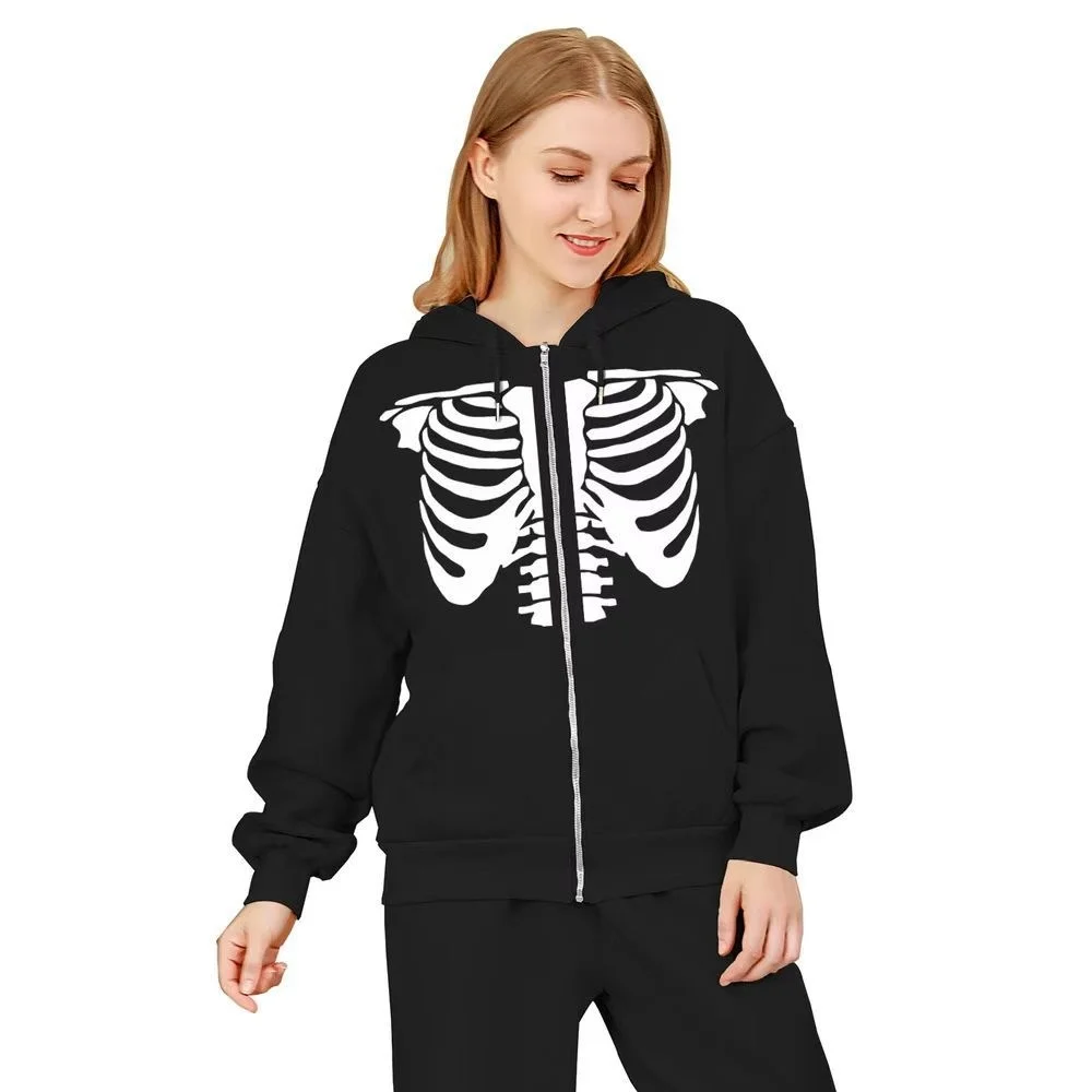 

New Fashion Women Goth Hoodie Skull Printing Patchwork Long Sleeve Hooded Collar Loose Zipper Gothic Style Ladies Hoodie Spring