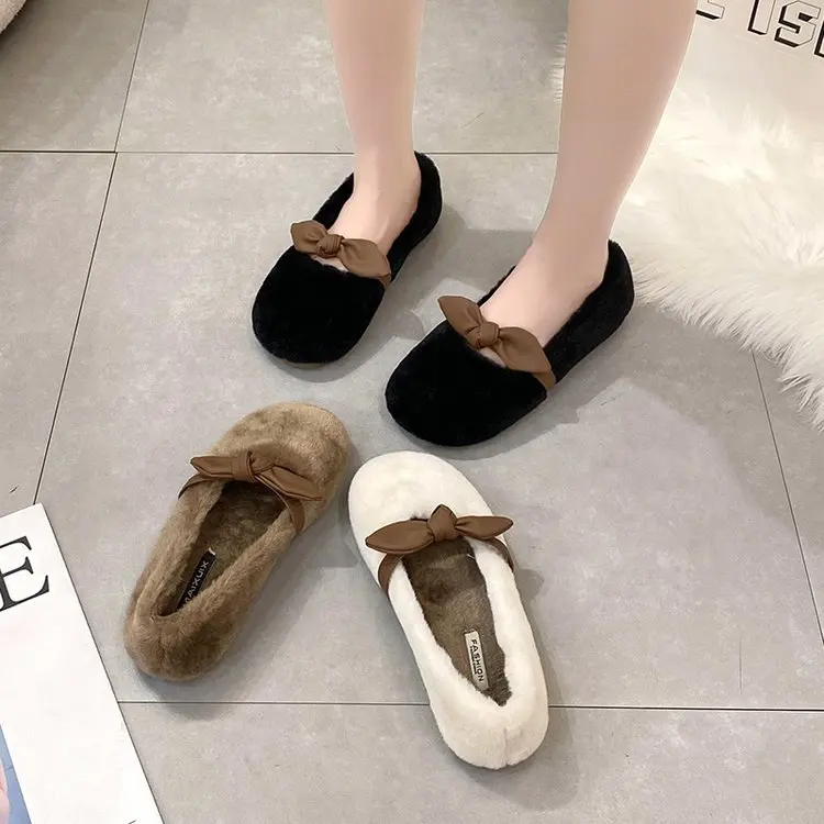 

Winter Shoes Women Casual Female Sneakers Round Toe Loafers Fur Bow-Knot Autumn Comfortable New Butterfly Fall Moccasin Slip-On