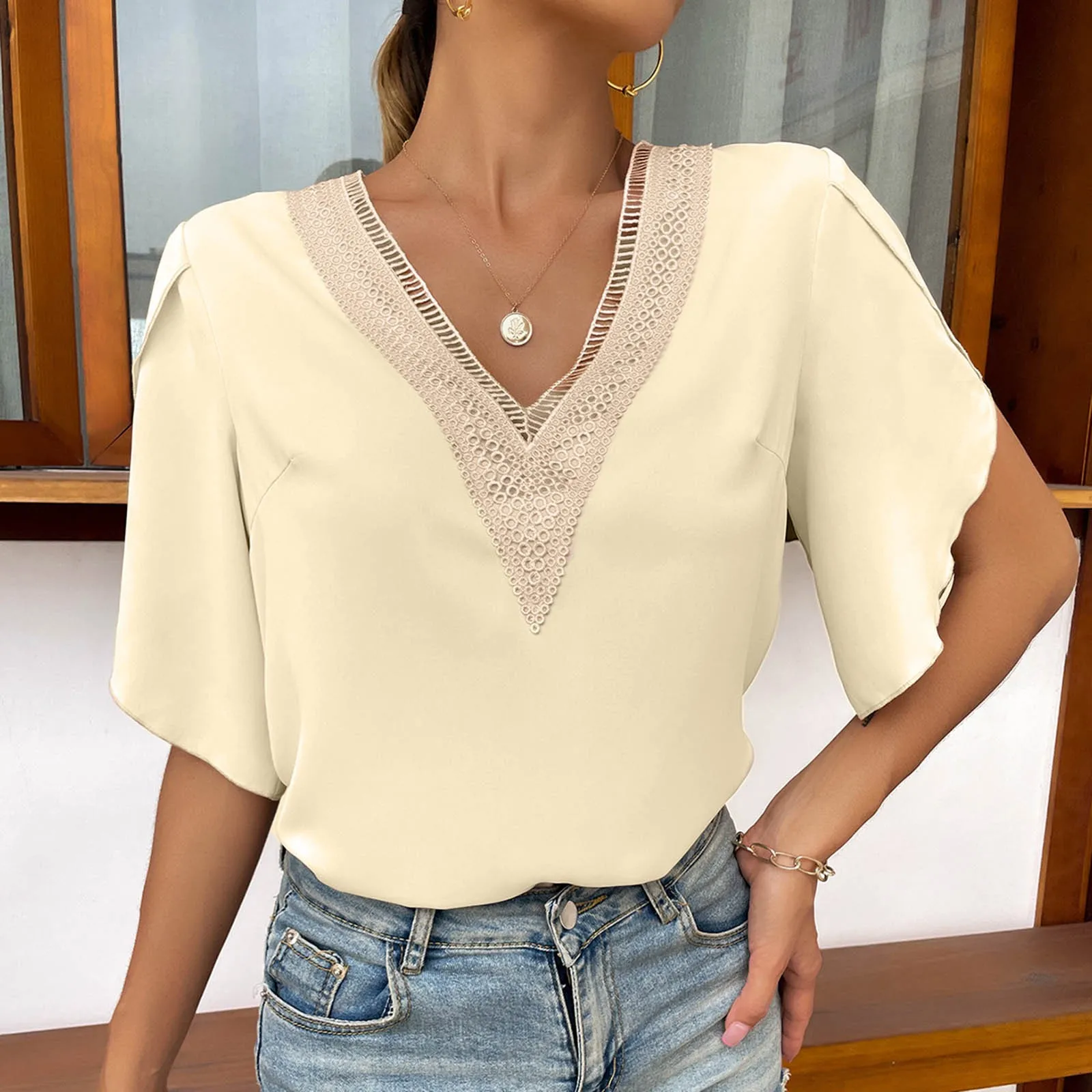 

Women V Neck Short Sleeve Lace Top Solid Color Versatile Solid Color T Shirt Womens V Neck Long Sleeve Tops