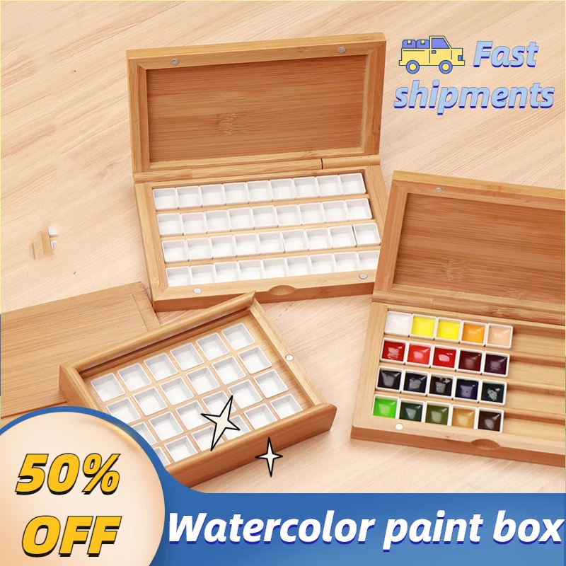

Watercolor Sub-packaging Storage Box Pull Out Flip Wooden Painting Palette Portable Solid-state Sealed Professional Art Supplies