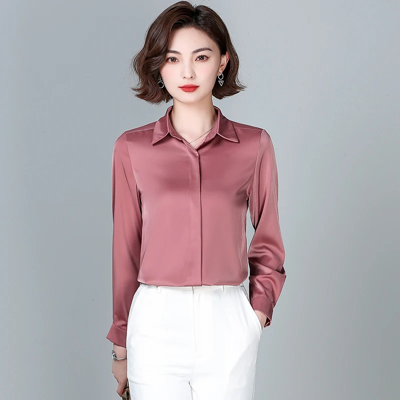 

Summer New Women's Blouses Polo Shirt Long Sleeve Top Solid Satin Casual Fashion Loose Spring Lady Clothing Houthion
