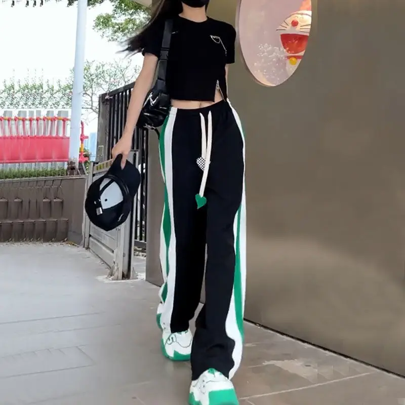 

Splicing stripes contrasting color love drawstring wide-leg pants women high waist drape mopping sports long pants women
