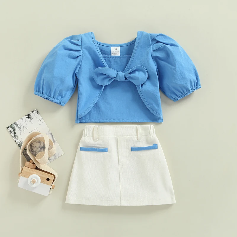 

Модная детская одежда SUNSIOM для девочек, Однотонная футболка с коротким рукавом-фонариком, топы и юбка-трапеция, летние повседневные наряды д...