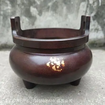 

Exquisite Antique Pure Brass Gilt Sprinkled Gold Double Ear Three-legged Incense Burner Ornament