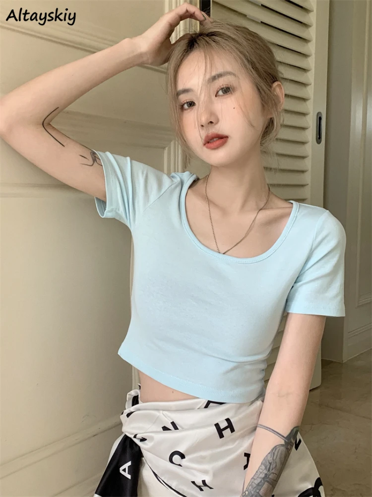 Short Sleeve T-shirts Women Crop Tops Sexy Kawaii Chic Korean Style Slim Streetwear Basic Y2k Mujer De Moda Good Vibes Ins Cool