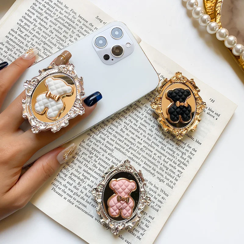 

Luxury Metal Mirror Bear Fold Mobile Phone Extension Frame Finger Bracket Electroplated Universal Fold Mobile Phone Bracket