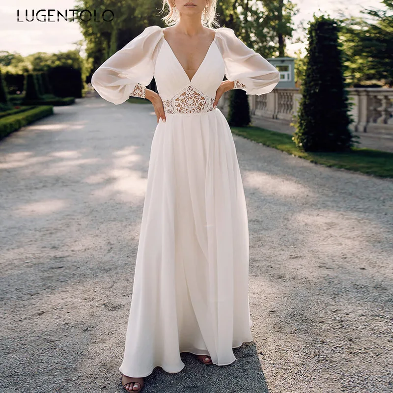

Women Party Dress Slim Sexy Lace V-neck Backless Long Sleeve Mesh Dresses Female Empire Big Swing White Long Dress Lugentolo