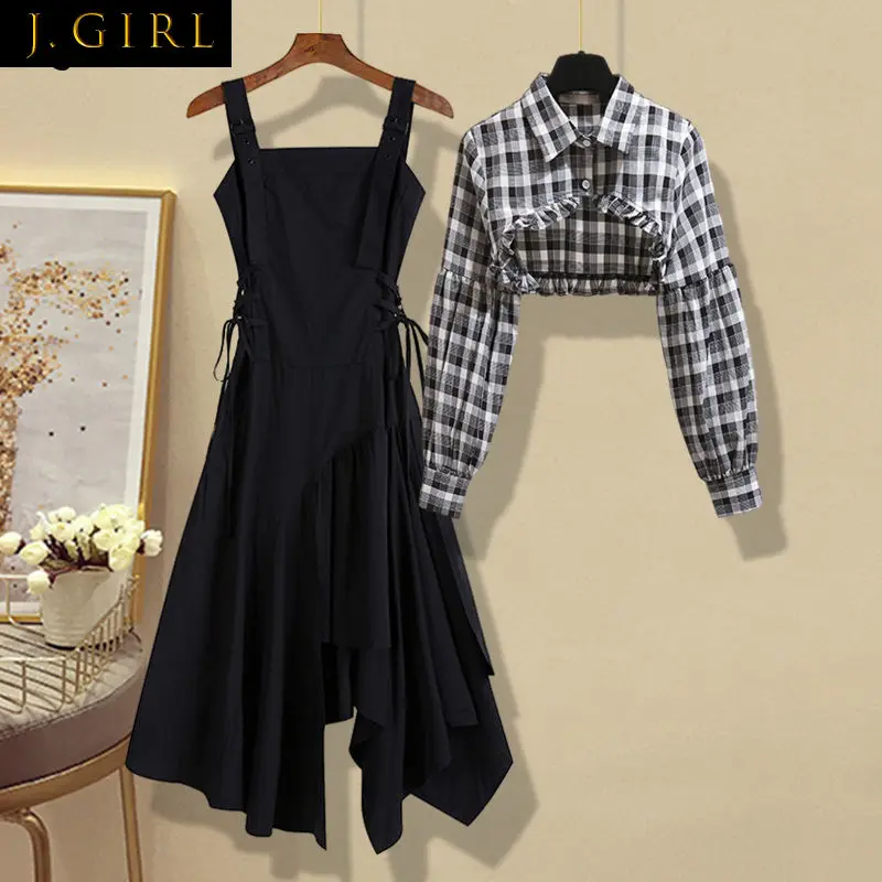 

Sets Women Design Cropped Plaid Long Sleeve Shirts Harajuku Streetwear A-line Midi Dress Bandage Asymmetrical Vestidos Feminine