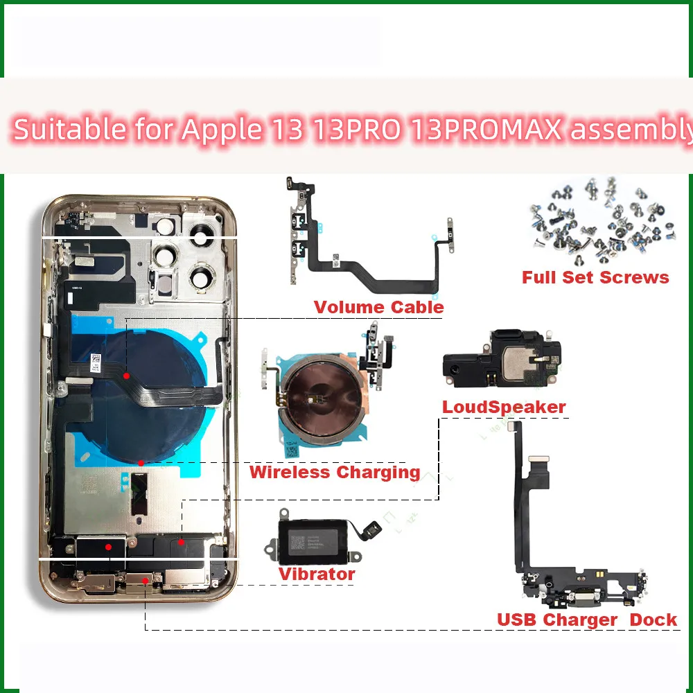 

For iPhone 13 13pro 13 pro max battery back cover, middle case, sim card tray, side key assembly, soft case cable mounting assem