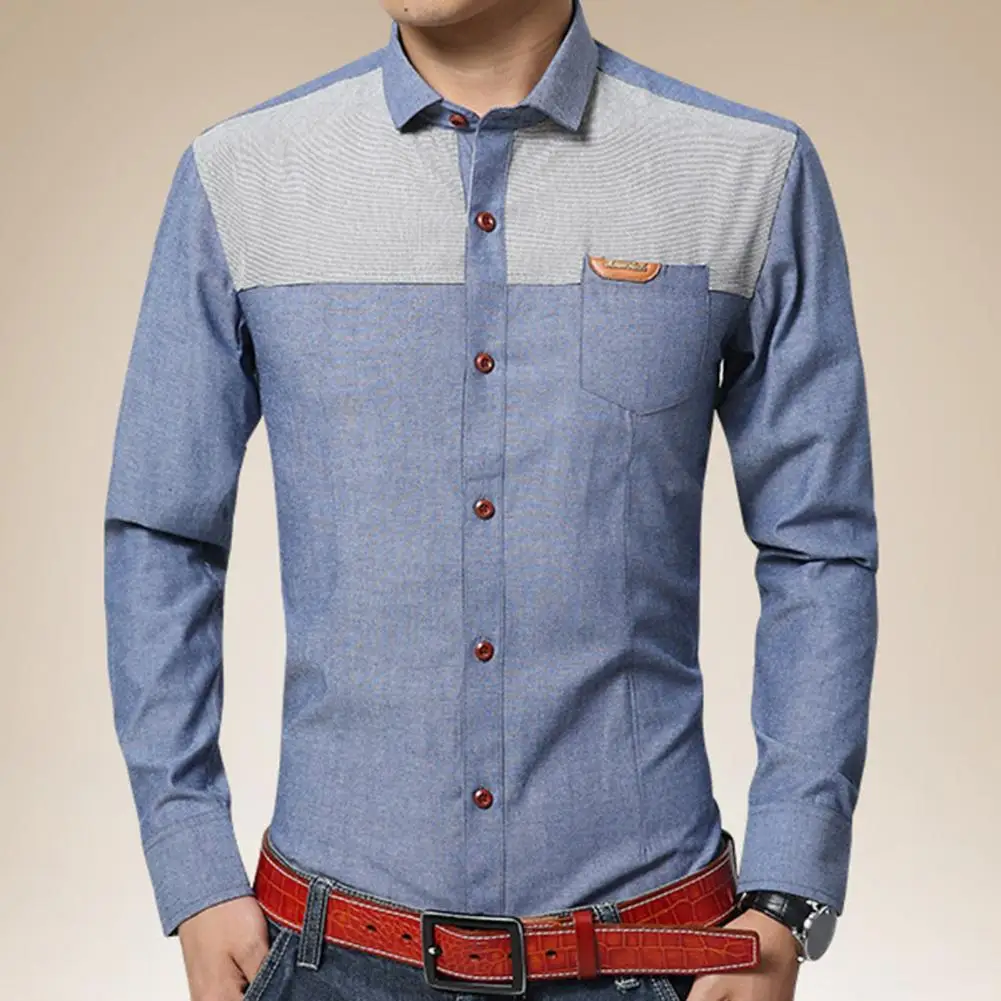 

Work Tops Autumn Business Men Shirt Patchwork Contrast Color Single Breasted Business Casual Single-breasted Spring T-shirt