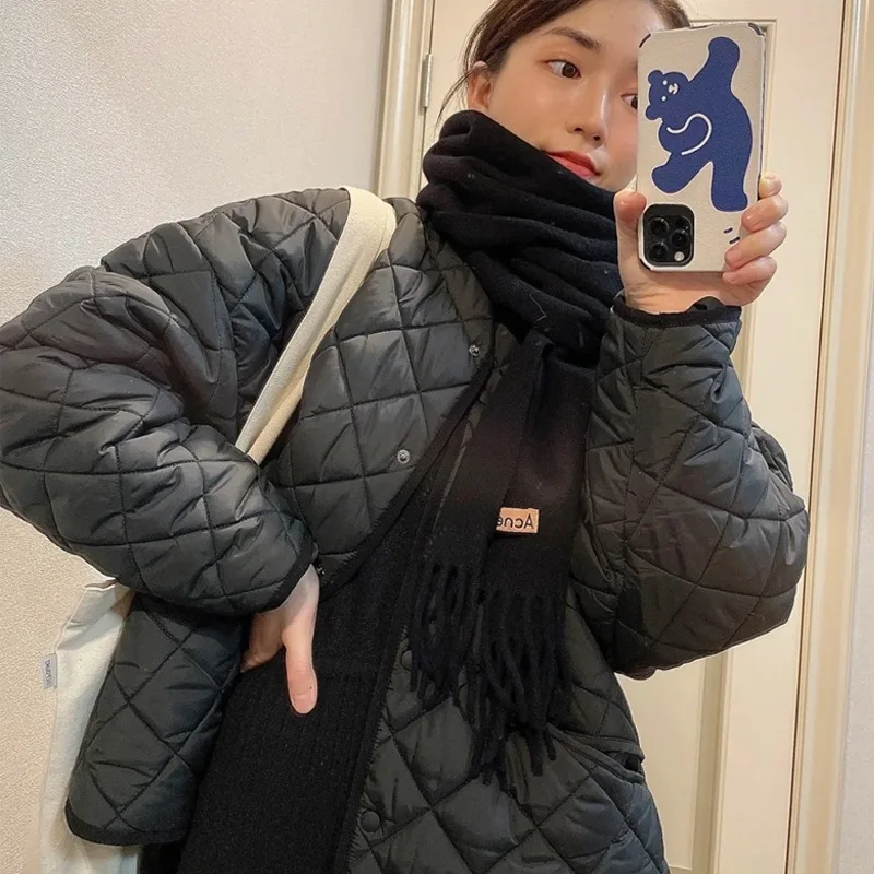 2022 Women Jacket  Fall/winter Rhombus Round Neck Single-breasted Loose Women Versatile Long-sleeved Cotton Jacket