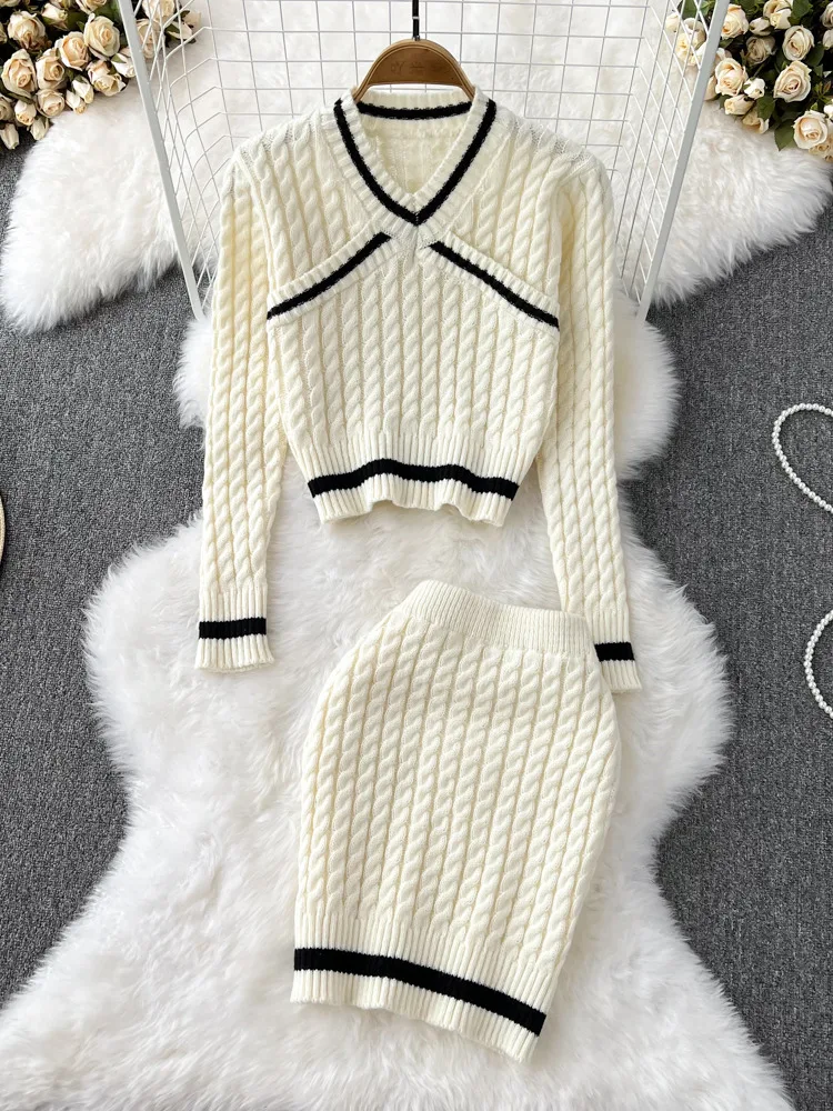 

V Neck Knitting Pullover Top And Short Skirt Two Piece Set Women Slim Fit Sweaters Women Autumn Elegant Sweater Outfits Women