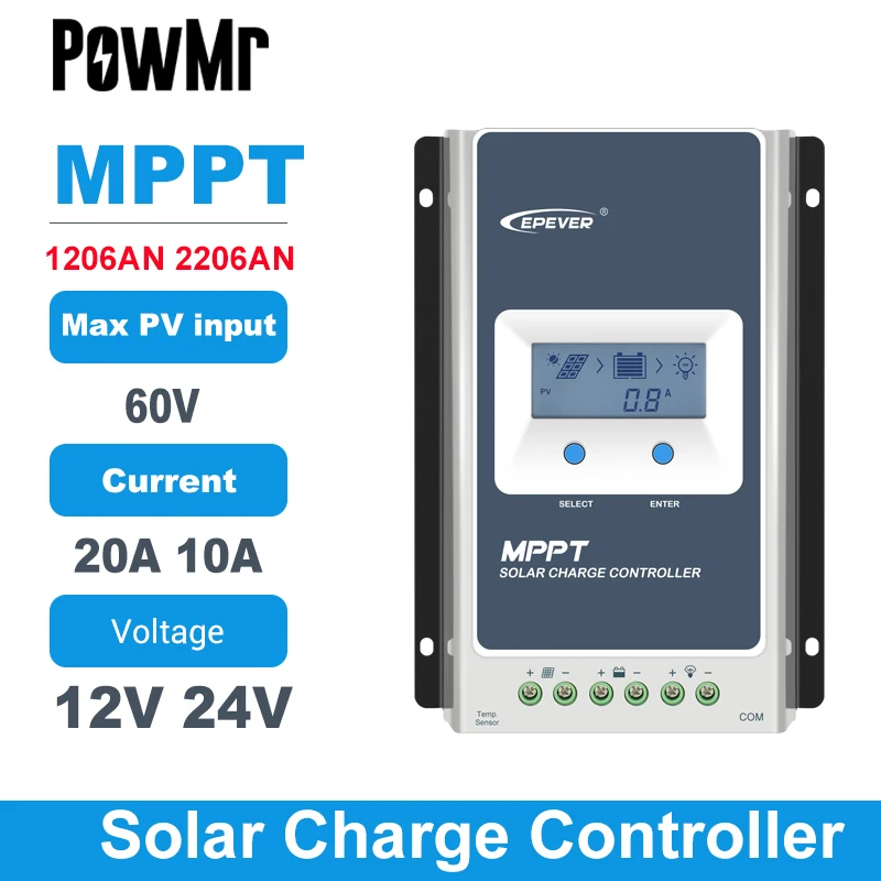 

EPever MPPT 20A 10A Solar Controller 12V 24V Backlight LCD Solar Charger For Solar Panel Input Max 60V Tracer1206AN 2206AN