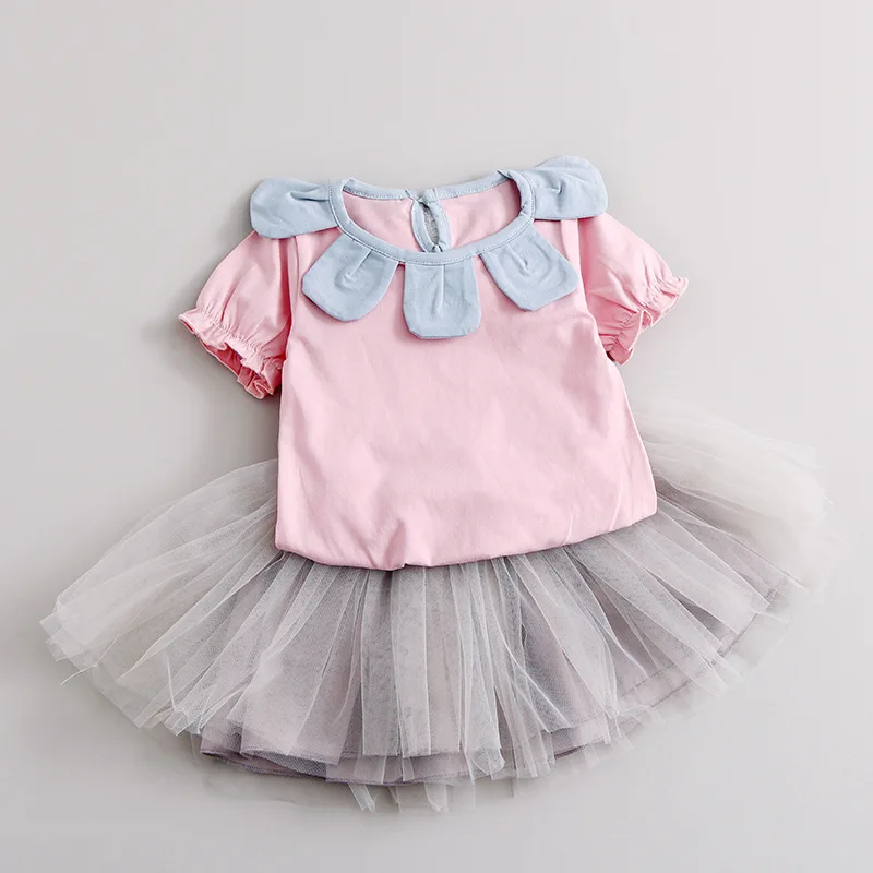 

Summer Baby Girls Clothes Flower Collar T-shirt Polka Dot Mesh Pantskirt Kids Clothing Sets Infant 2Pcs Suits