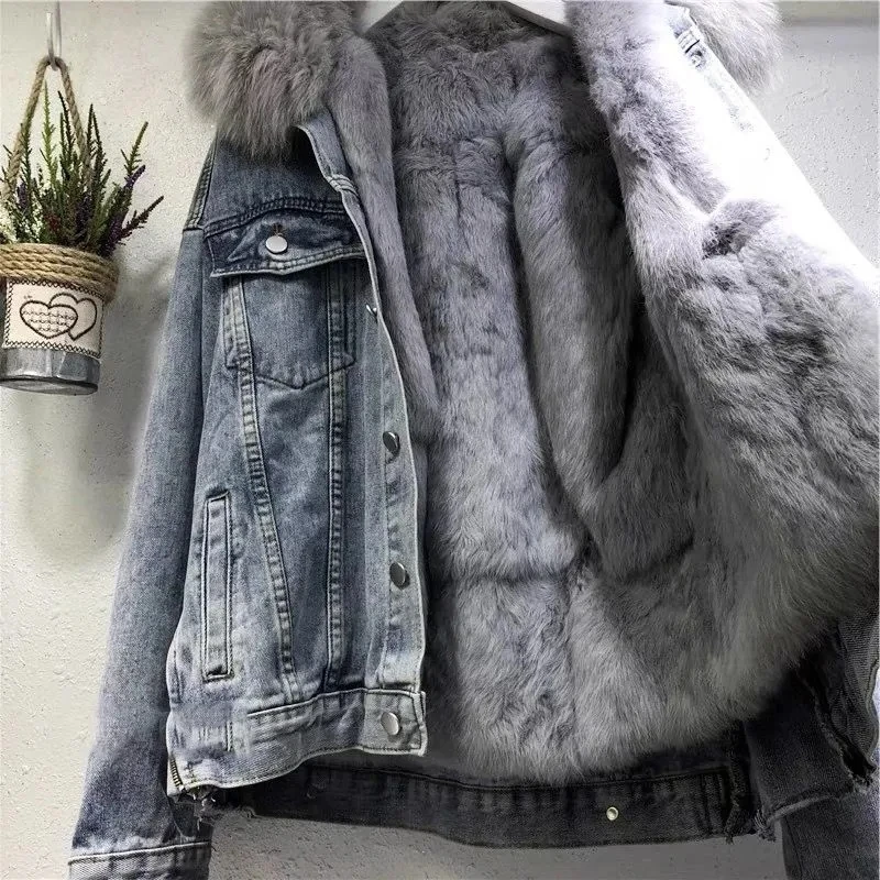 Thick warm Denim Parkas Female Winter Detachable Plus Velvet Jacket Vintage Cotton Denim Jacket Women Denim Coat