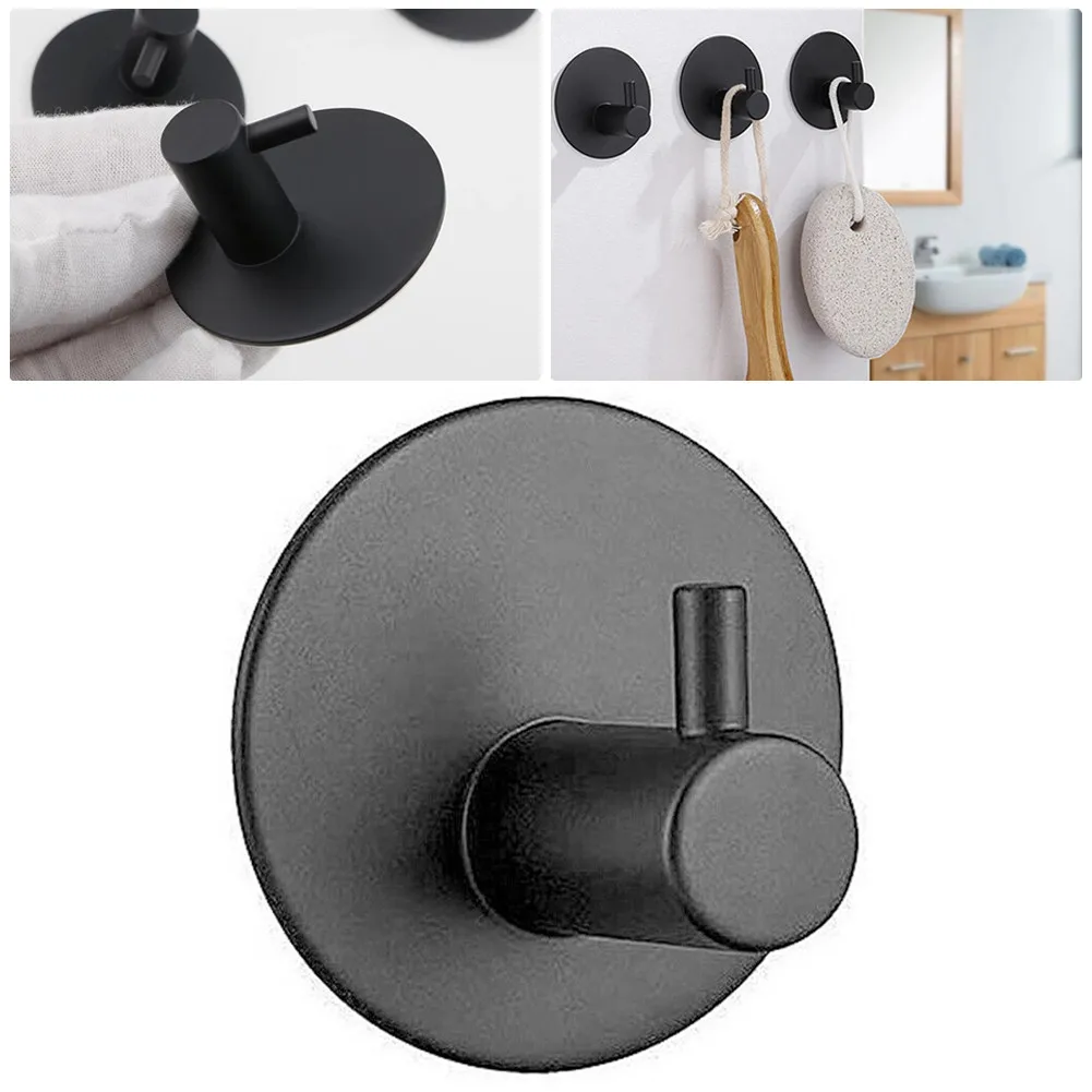 

Bonded Stainless Steel Hook Coat Hat Towel Robe Wall Hook Rack Hole Free Round Seat Black Household Use Durable Strong Adhesion