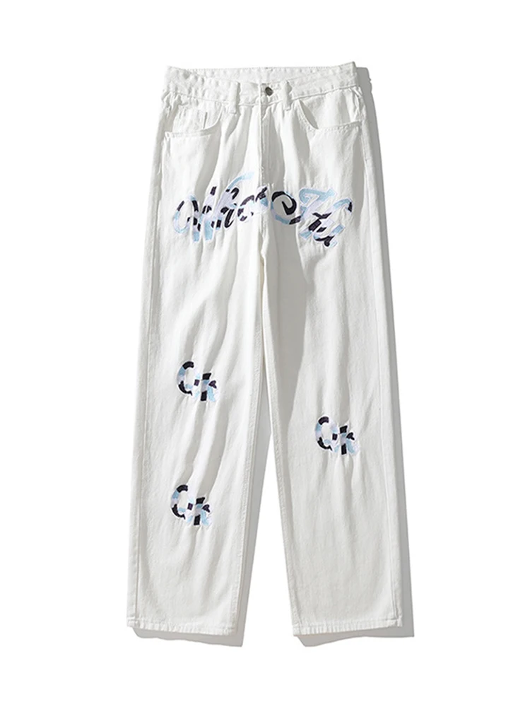 Patchwork Color Letter Embroidery Denim Pants Men Korean High Street Hip Hop Jean Pants Male Zipper Loose Straight Harem Jeans