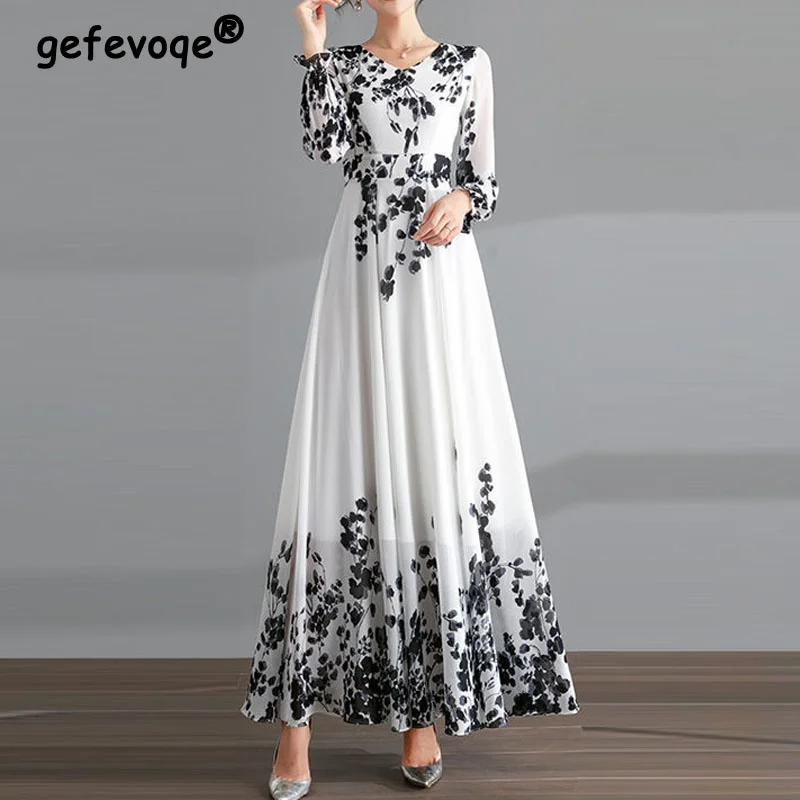 

Vintage Ink Painting Printed Elegant Slim High Waist Oversize Dress Women Spring Summer Temperament Commute Chiffon Maxi Dresses