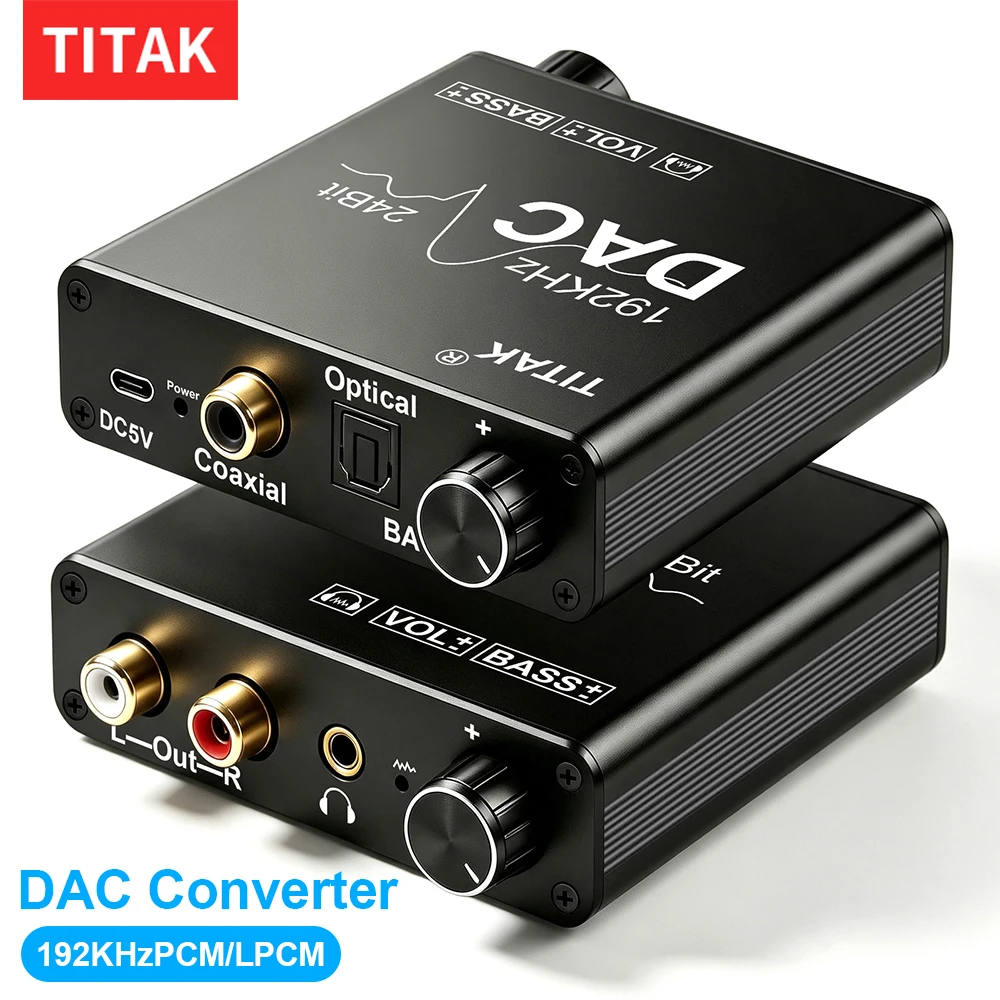 Фото Цифро-аналоговый аудиоконвертер 192 кГц 24 бит DAC с оптическим, коаксиальным, RCA и 3,5 мм разъемами, регулировкой громкости и басов, аудиодекодер-адаптер №1