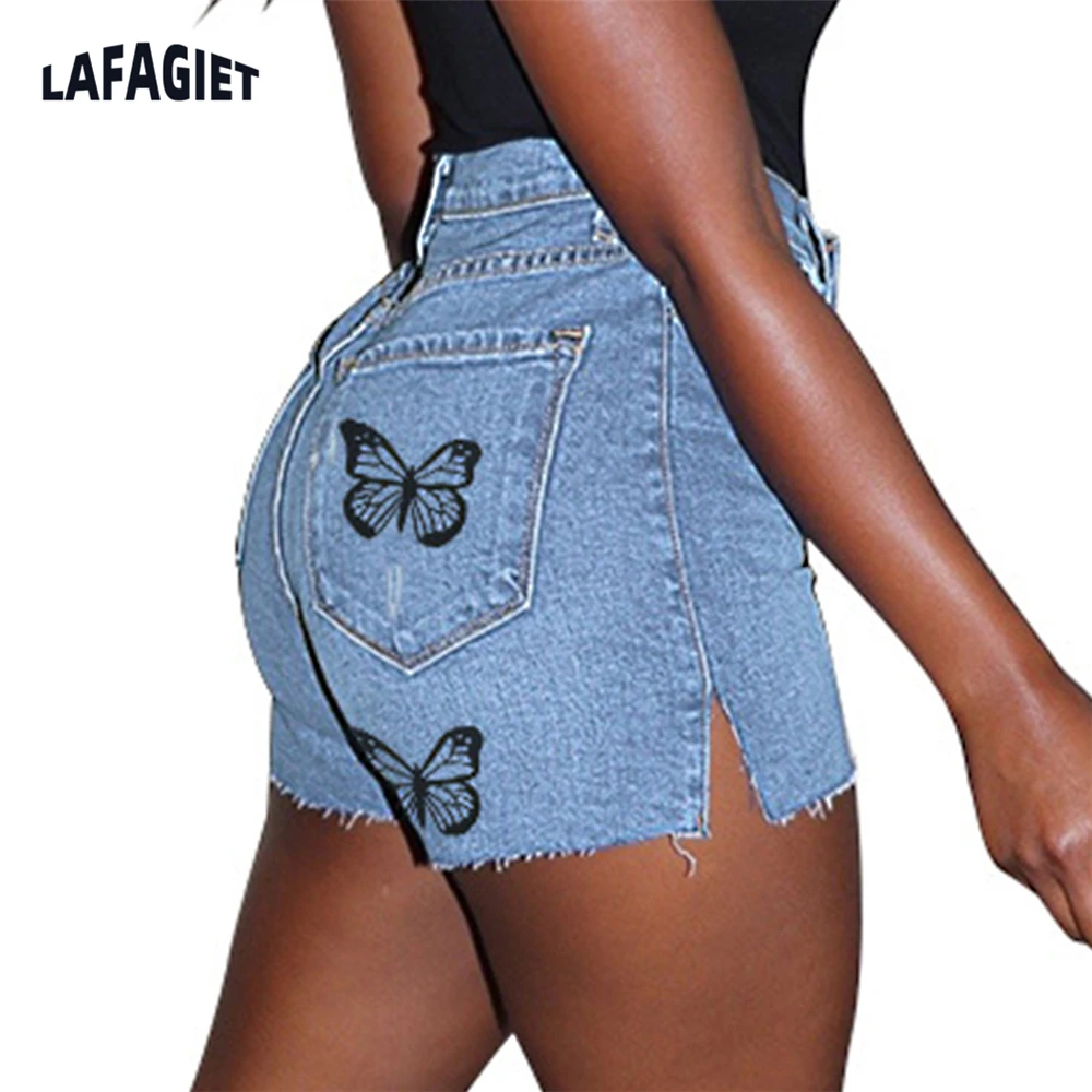 

Hot Sale Woman Sexy Summer Butterfly Floral Print Slit Denim Shorts High Waist Denim Straight Shorts Jeans XS-L Dropshipping
