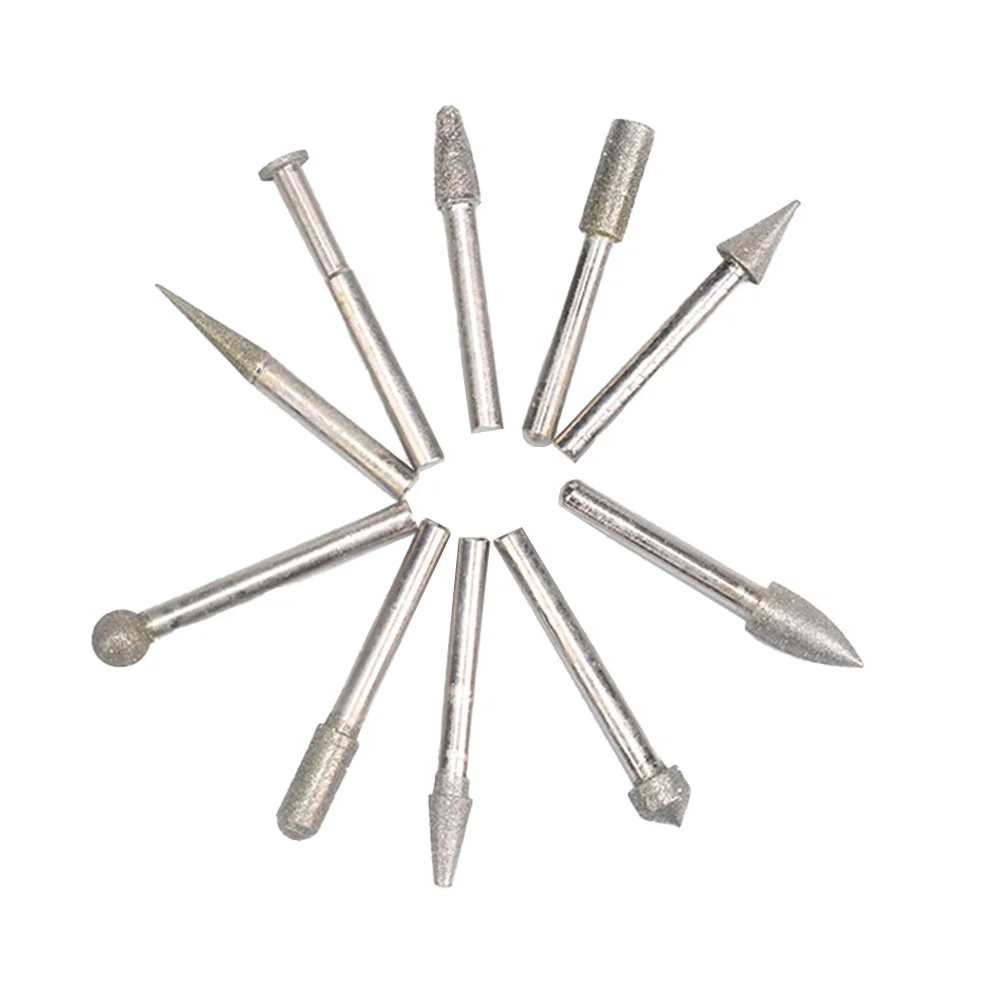 10 Pcs Cone Diamond Grinding Head 6mm Shank Rotary Bits Glass Jade Carving Tool Polishing Bit For Power Rotary Tools Accessories