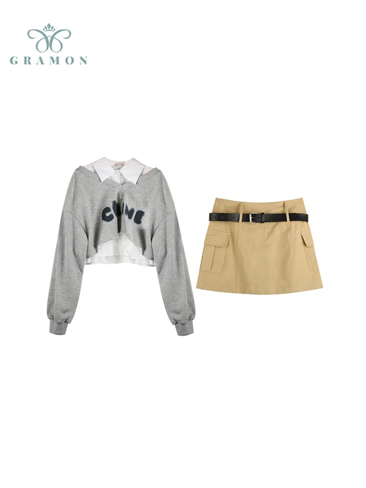 

Fake Two Piece Set Sweater Women American Style Vintage Letter Print Loose Top And A Line Mini Skirt Female New Streetwear Suits