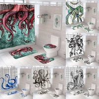 octopus tentacles shower curtain sets ocean animal blue marine life creature mollusk bathroom curtains bath mat rug toilet cover