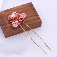 straight alloy hand baked paint ancient clip small hairpin style hanfu flower painted u