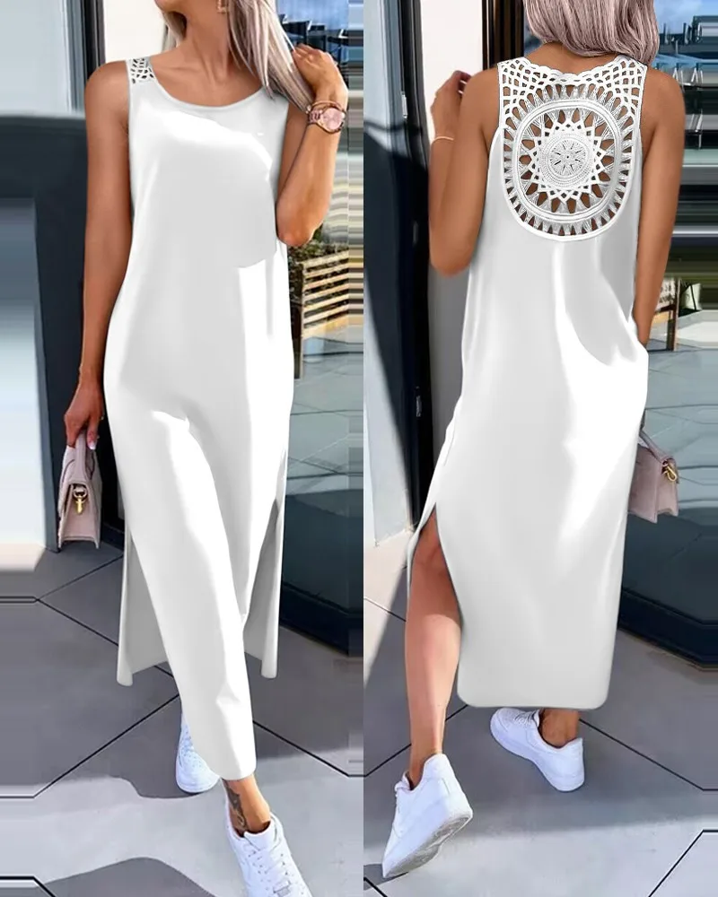 Ажурное однотонное длинное платье женские модные макси платья без рукавов с