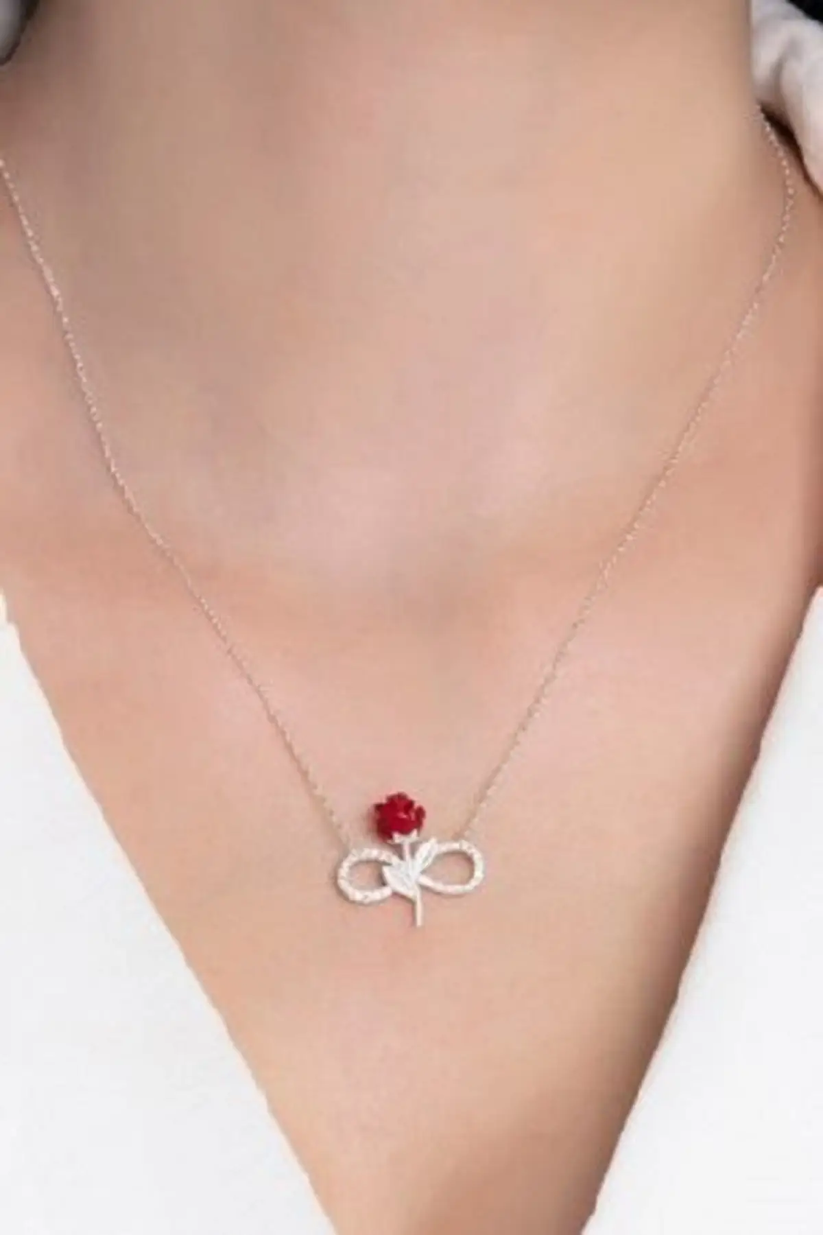 Women all pure original 925 sterling silver zircon stone infinity red rose Model necklace fancy shiny jewelry &
