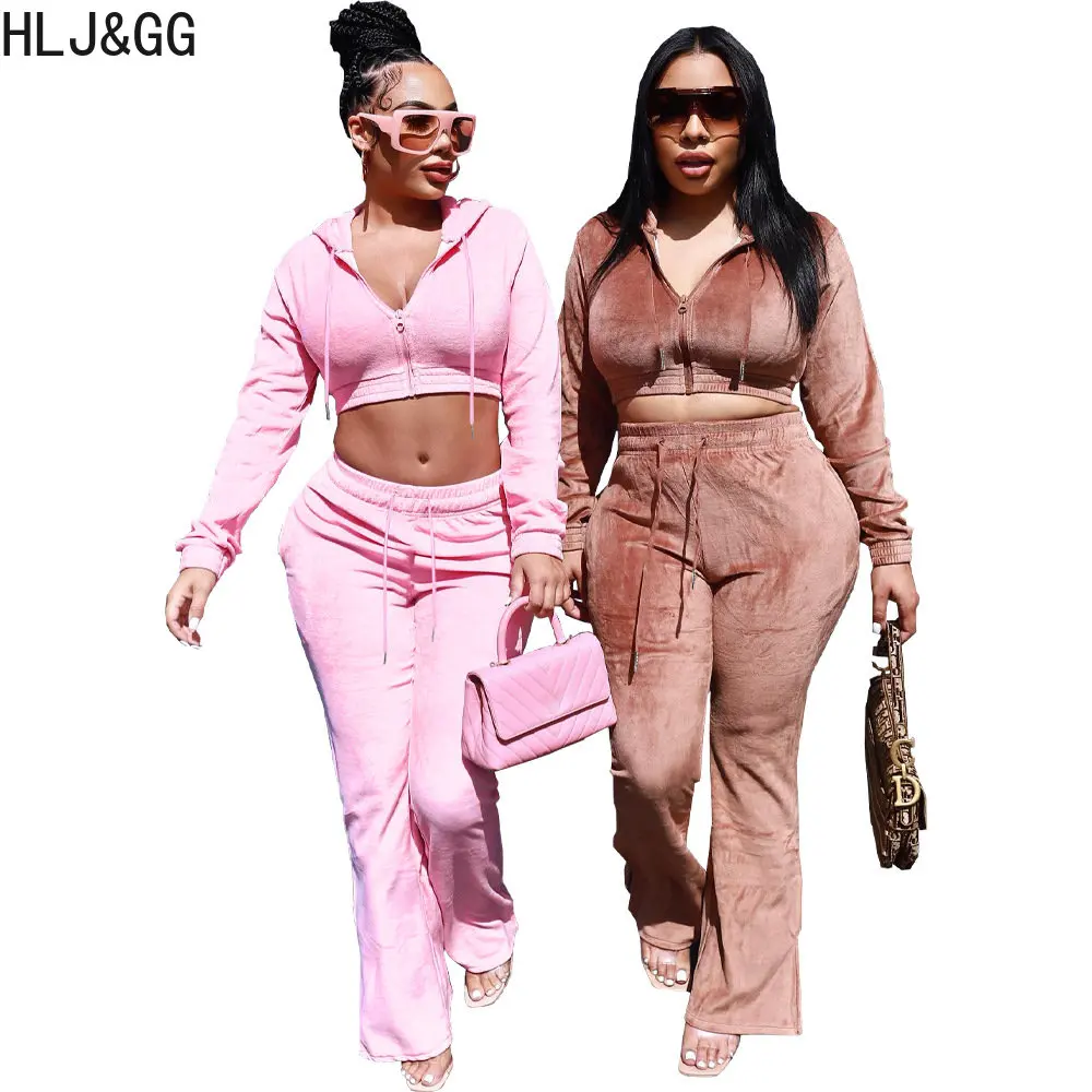 

HLJ&GG Fall Winter Velvet Two Piece Sets Casual Zipper Hoody Long Sleeve Crop Top And Pants Tracksuits Fashion Matching Outfits